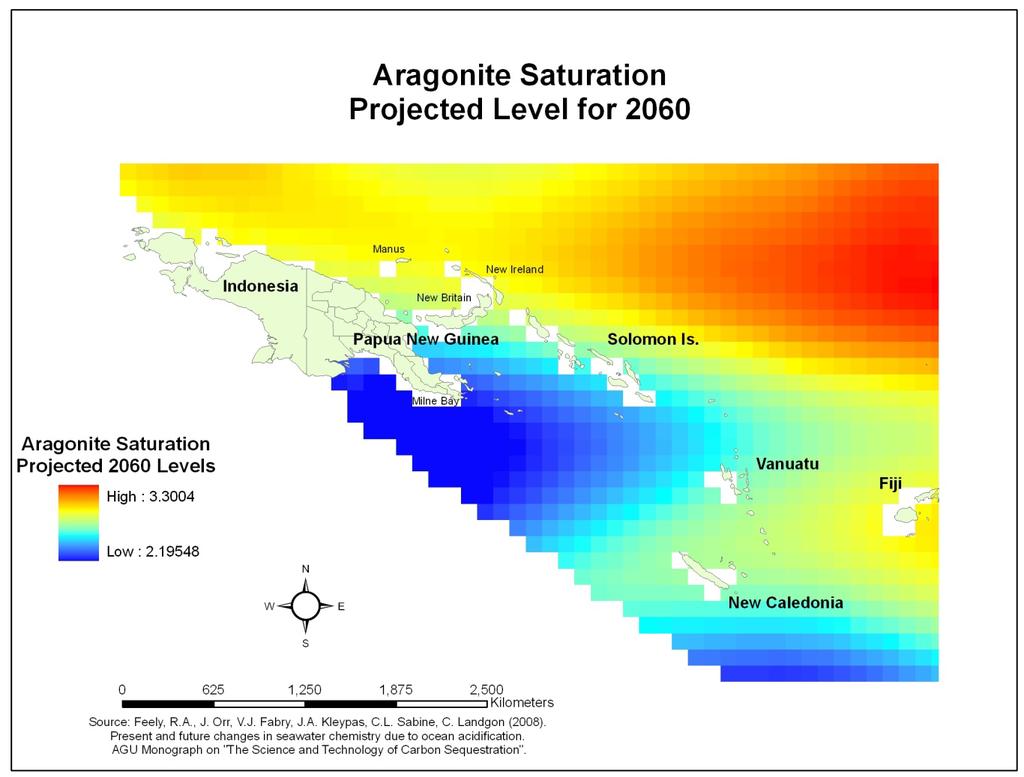 Figure 4. Projected aragonite saturation levels for 2060. Vanuatu By the end of the decade, the islands of Vanuatu are projected to see overall average land surface temperatures rise between 1 and 1.