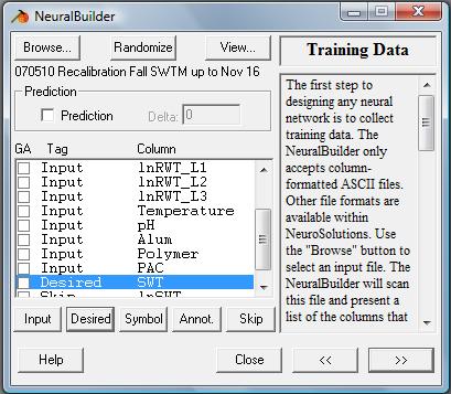 4: Selection of input and output parameters using the Neural Builder tool in NeuroSolutions The third step is to divide the data separate sets for