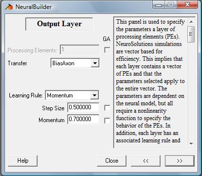 125 Figure 8.8: Configuring the output layer using the Neural Builder tool in NeuroSolutions The sixth step is to check the options for the Supervised Learning Control window (Figure 8.9).