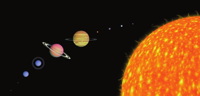 Jupiter Mars Earth Venus Mercury Saturn Uranus Neptune Pluto Sun Eris a The scaled sizes (but not distances) of the Sun, planets, and two largest known dwarf planets.