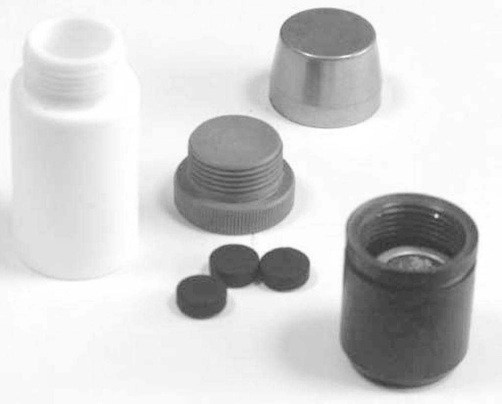 2 M Buzinny Figure 1 Application of a 20-mL PTFE vial with charcoal canister for measuring radon in air: 1) 20-mL PTFE vial; 2) cap for vial; 3) charcoal canister; 4) charcoal container; 5) metal