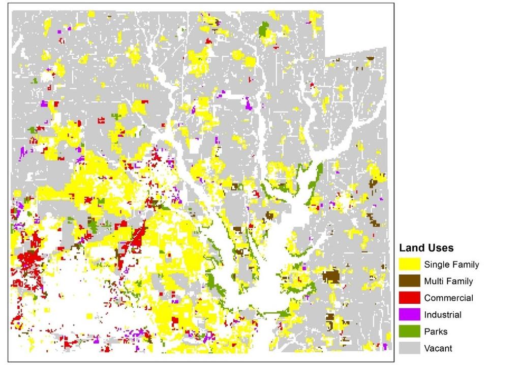 Comparing predicted to actual change in land use, the non-spatial MNL model is not able to predict multi-family, commercial, industrial, and open space use correctly.