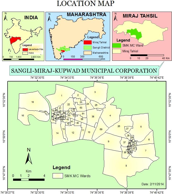 Fig.1 Location Map Population of the area under the SMKMC has increased from 3,51,917 in 1991 to 5,02,697 in 2011; of which male and female are 255,270(51%) and 247,427(49%) respectively (SMK City