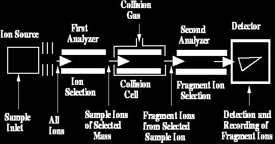 The first quadrupole acts as a mass analyzer to select one ion from a mixture. That ion passes to second quadrupole, which contains some low-pressure gas, such as Ar or N 2.