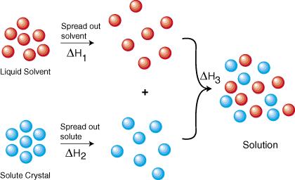 Steps of the Formation of a Liquid Solution 1). Separating the solute into its individual components (expanding the solute) 2).