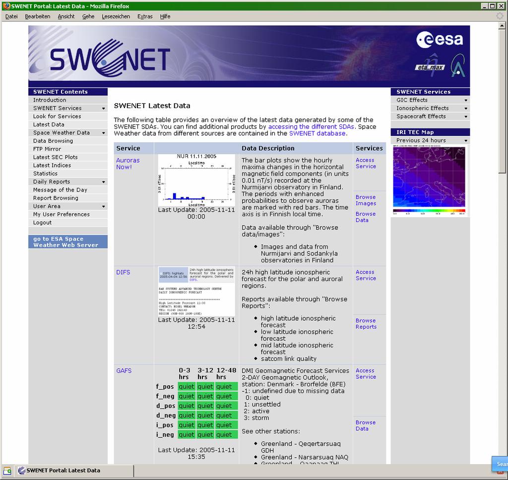 SWENET Services: Latest Data The "Latest Data" page provides an overview of the integrated SDAs Each SDAs has one row SDA name with link to the description page Image / icon of one latest data set