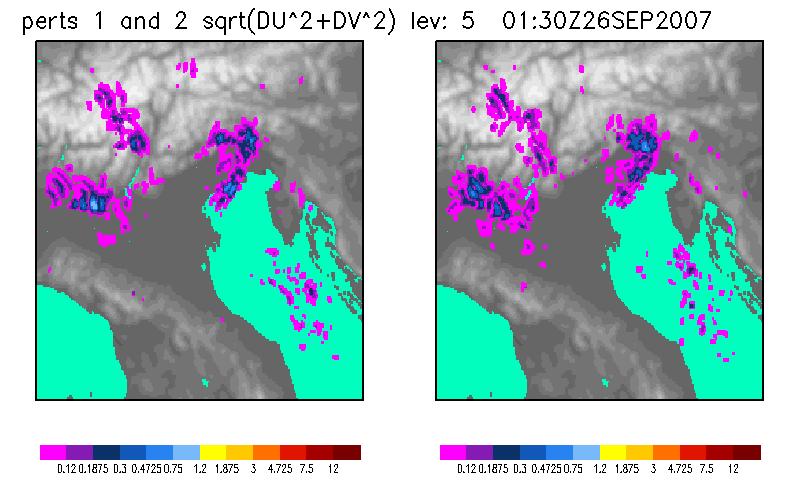 After 1h30 the bred vectors show organized and similar spatial structures, localized in dynamical active areas (intense winds and convective precipitation) Bred vectors quickly get organized and show