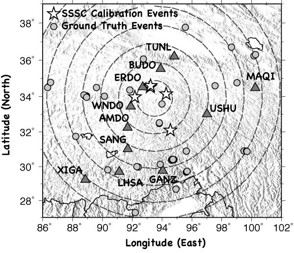 Figure 1. Location map of the 5 station correction calibration events and other GT5-GT10 events used in this study.