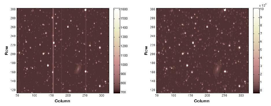 and the calibrated image (middle). The mean of three pixel rows is shown for one target (right) with the undershoot response (the negative spike) along with the corrected pixel values. 5.3.