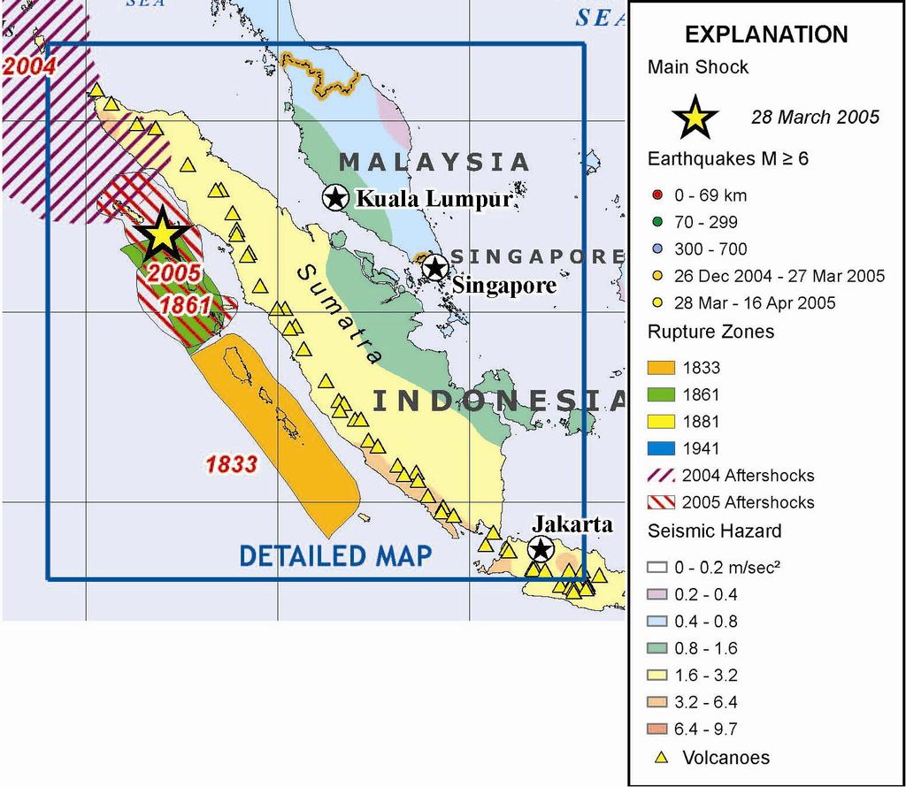 By cross referring to the Earthquake Risk Map of Indonesia & Thailand shown in Figure 7 and The Seismic Hazard Map of 28 March 2005 in Northern Sumatra by USGS (Fig 8), we can reasonably