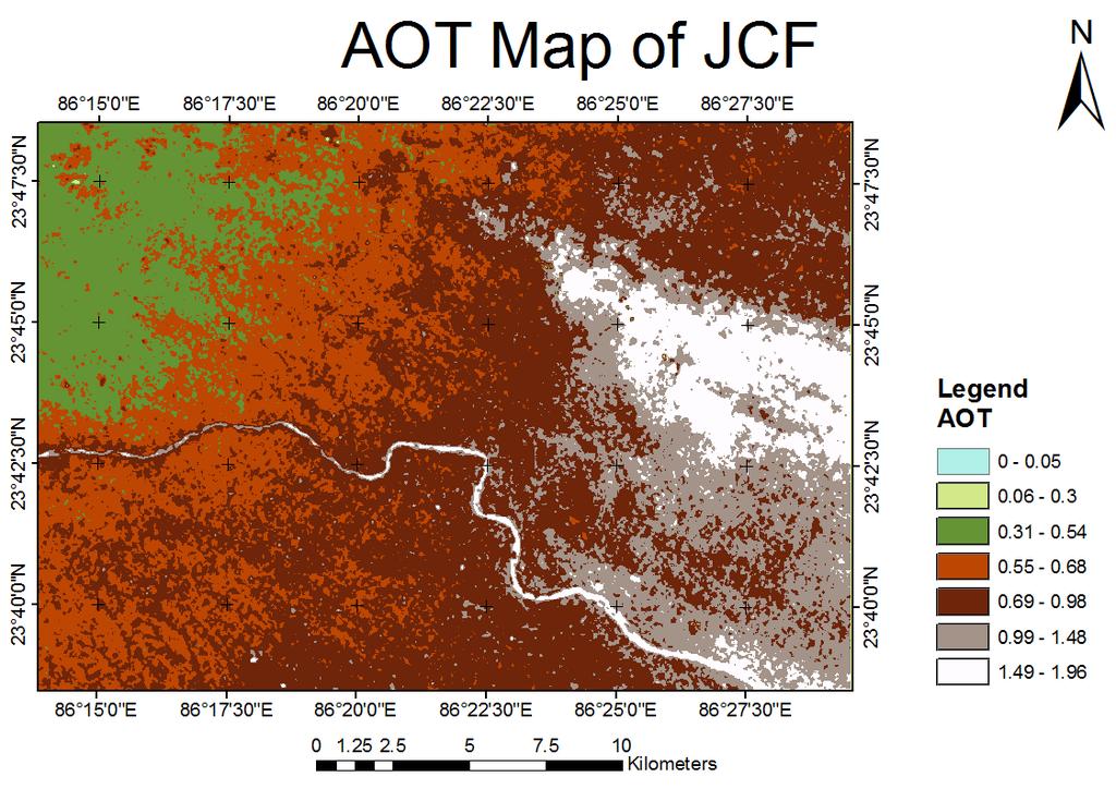 Table 1: Calculated AOT and PM 1 mass concentration from satellite image data and PM 1 ground measurement at different location of Jharia coal field.