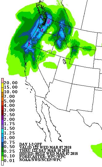 NOAA Weather Prediction Center Weather Prediction Center QPF The elevated moisture transport over the U.S. West coast could produce up to 2.5 inches of precipitation over the next three days.