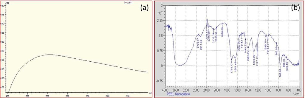 Figure 2: Characterization of exocarp silver nanoparticles by (a) UV- visible spectrophotometry and (b) FT-IR Figure 3: Characterization of mesocarp silver nanoparticles by (a) UV-visible