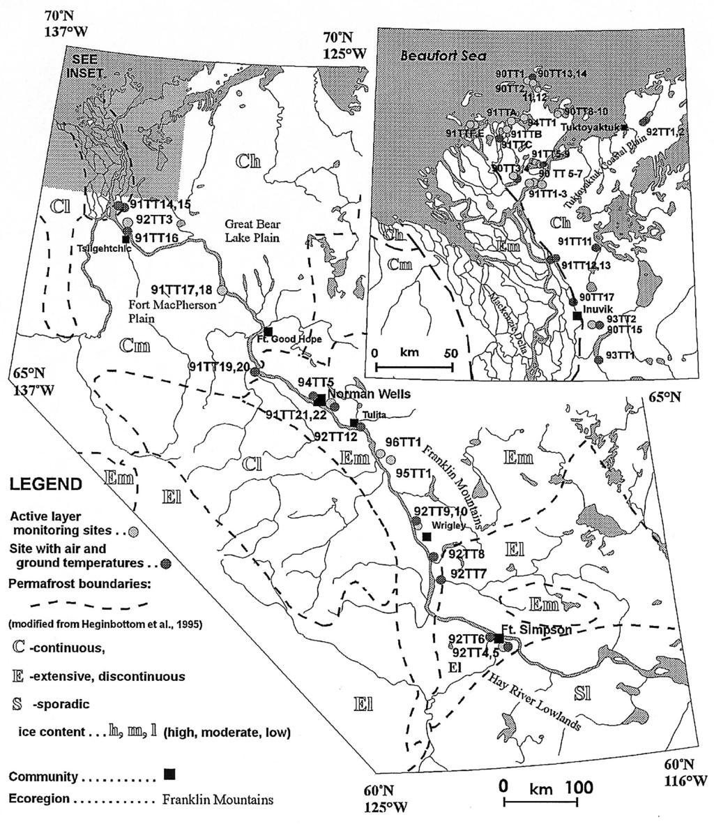Figure 1. Location of thaw-depth monitoring stations in the Mackenzie Valley, Northwest Territories, Canada; (inset) in Mackenzie Delta area. Association, 1998).