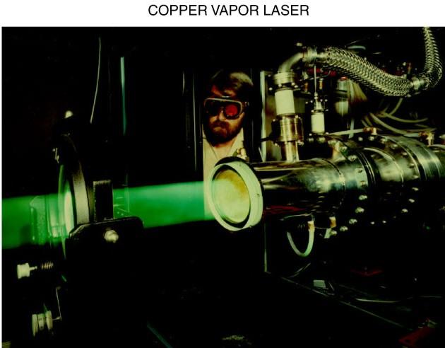 Copper Vapour Lasers Use electrical arc to excite vapour Add Neon at 25 torr to improve discharge Electron or ion