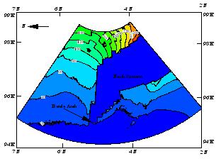 Computed results of this model are close to the field measurements by a post tsunami Turkish-Indonesian-USA (Yalciner et al. 00) survey team.