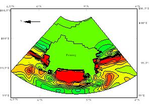 Figure 8: Elevation of Tsunami propagation towards Sumatra at 7 minutes Maximum surge towards Penang Island and arrival time Figure 9 depicts the