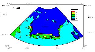The coastal surge estimated by this model for Penang region is close to the field survey reported in Roy et al. (007). We computed the times of attaining maximum water elevations along these regions.