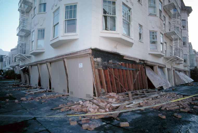 Soft first story/inadequate shear strength Loma Prieta earthquake damage in San Francisco.