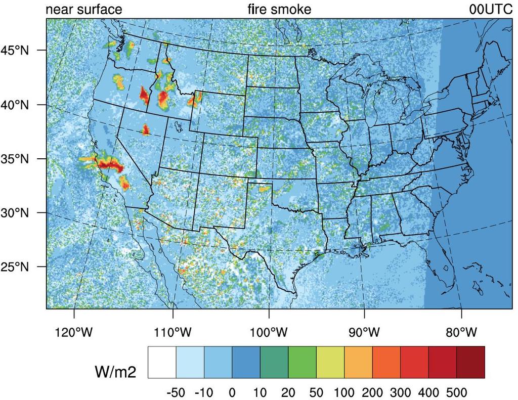 HRRR-Smoke weather prediction with and w/o smoke feedback on meteorology Difference in shortwave radiation between HRRR-Smoke simulations without smoke feedback and feedback included, 8pm EDT, August