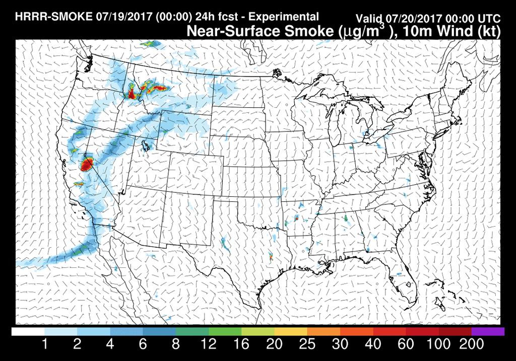 Smoke forecast for July 19, 2017 (rapidrefresh.noaa.gov/hrrr/hrrrsmoke/) This plot shows simulated fire emitted fine particulate matter (PM2.