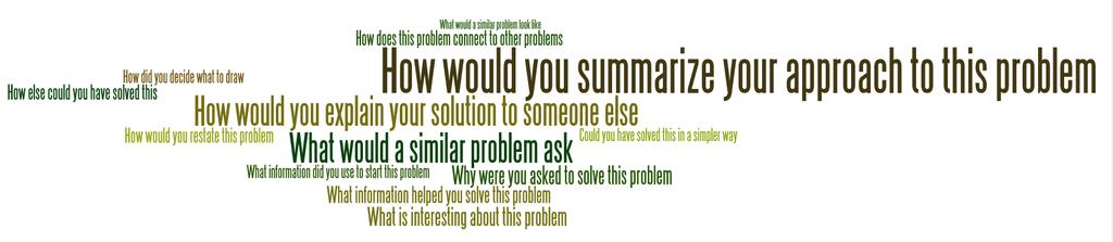 1. How would you explain your solution to someone else? 2. How does this problem connect to other problems? 3. What would a similar problem look like? 4. How did you determine what to diagram? 5.