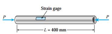 A strain gage is placed on the outside of the bar to measure normal strains in the longitudinal direction. a. If the measured strain is = 550 10-6, what is the shortening d of the bar? b. If the compressive stress in the bar is intended to be 40 MPa, what should be the load P?