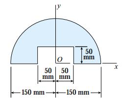 A semicircular area of radius 150 mm has a rectangular cutout of dimensions 50 mm 100 mm (see figure).