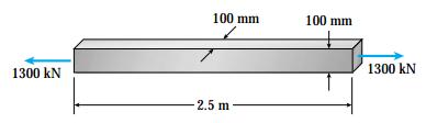 1.18. A steel bar of length 2.5 m with a square cross section 100 mm on each side is subjected to an axial tensile force of 1300 kn (see figure). Assume that E = 200 GPa and = 0.3. Determine the increase in volume of the bar.