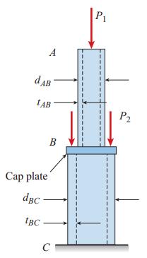 The diameters and thicknesses of the upper and lower parts of the pipe are d AB = 32 mm., t AB = 12,5 mm., d BC = 58 mm., and t BC = 9,5 mm., respectively. The modulus of elasticity is 96 GPa.