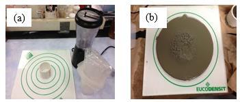 Figure 6-2 (a) Instrument for a slump test in lab scale, and (b) an example of cement spread for a slump test measurement Actual slump test at Euclid Chemical Company Polycarboxylate admixtures that
