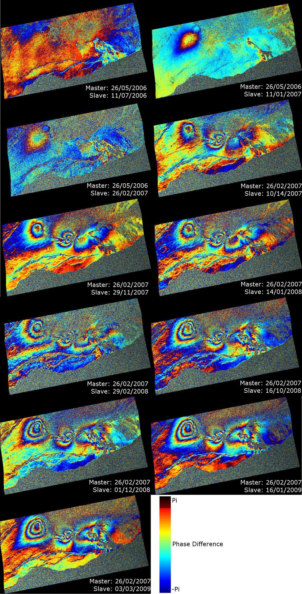 2.3 DInSAR Results of the Deformation Map The geocoded differential interferograms of all eleven pairs are presented in Figure 3.