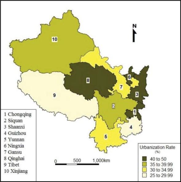 Map 2.1. Provincial Urbanization Rate in Western China Source: Anwaer & Cao, 2008 Map 2.2. Provincial Illiteracy Rates and GDP Per Capita in Western China Source: Anwaer & Cao, 2008 2.