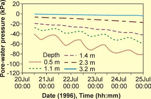 Changes of in situ total head profiles in response to rainfall under different conditions of slope cover (from Lim et al.