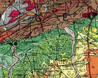 Geologic map of the Fall Line north of Americus, GA Igneous and Metamorphic Rocks (Precambrian and Paleozoic) Sediments and sedimentary rocks (Cretaceous and