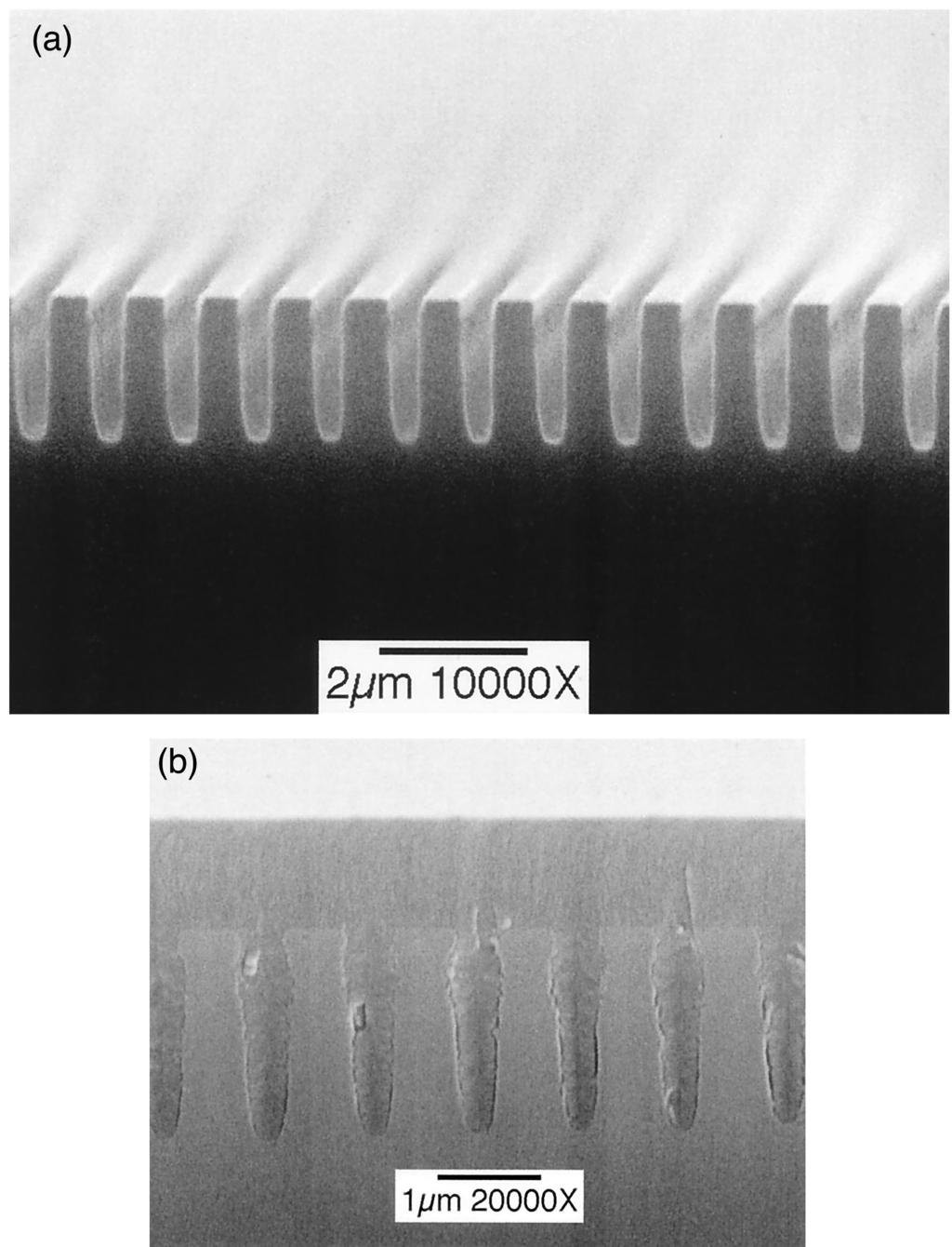 Fig. 3. SEM cross-sectional image of a etched Si grating and b grating planarized with SU-8.