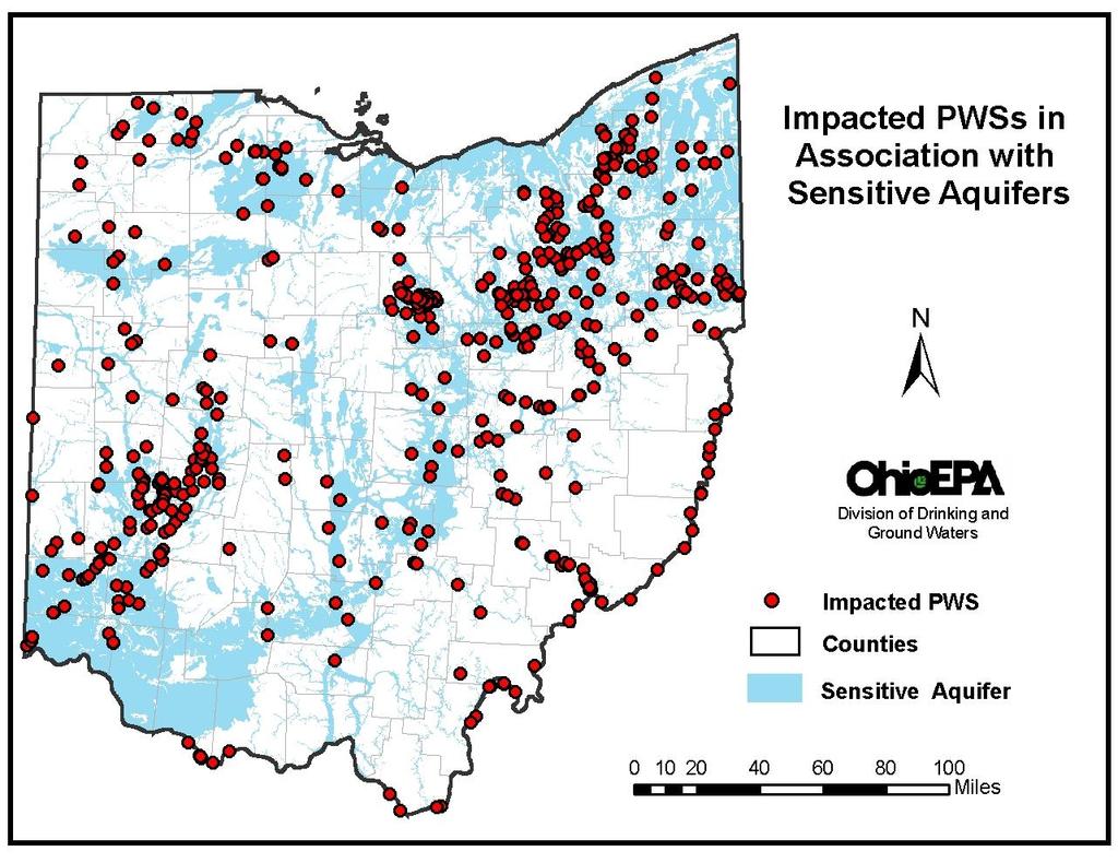 ASSOCIATION OF HIGH SUSCEPTIBILITY PWSs WITH SENSITIVE AQUIFERS The following analysis utilized the ODNR Glacial Aquifer maps to determine if the highly susceptible PWSs are located where sensitive