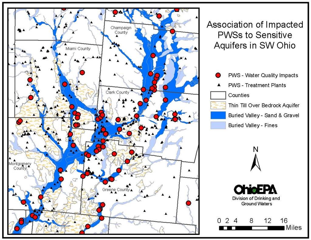 Figure 5. Impacted PWSs and sensitive aquifers in Southwest Ohio.
