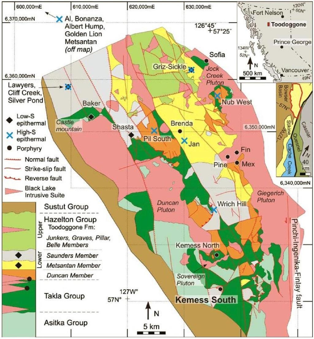 SOUTH TOODOGGONE DISTRICT GEOLOGY Regional Geology The Toodoggone District is comprised of 4 Groups: Early Permian Asitka marine sedimentary and volcanic rocks Mid Triassic Takla basalt Late Triassic