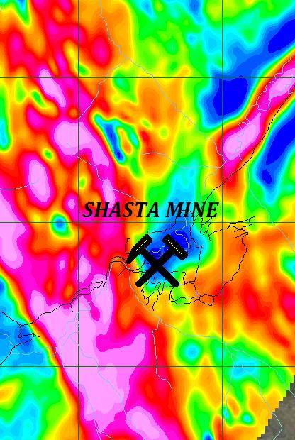 Baker-Shasta ZTEM Survey RESULTS AT SHASTA MINE RADIOMETRICS EQ POTASSIUM % MAGNETIC