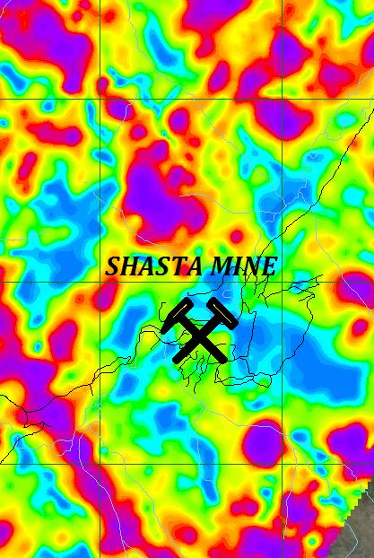 STRUCTURES NW-SE STRUCTURES K-HIGH RESISTIVITY HIGH WEAK MAGNETIC LOW 0 1km Shasta is