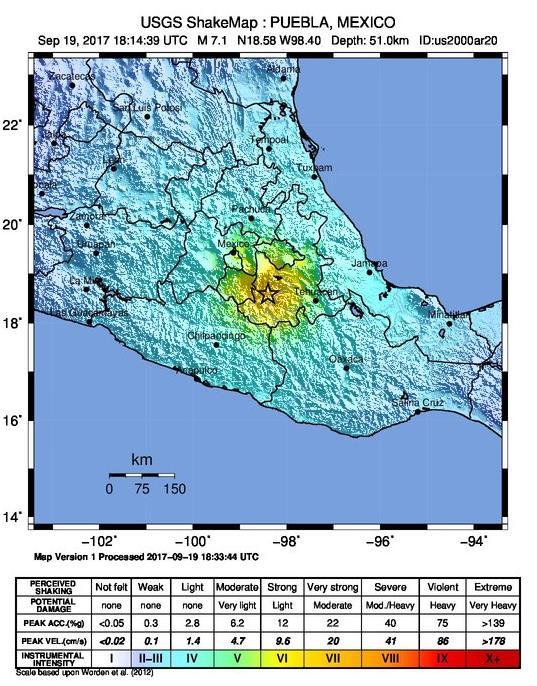 M7.1 Earthquake Mexico Situation At 2:14 p.m. EDT on September 19, 2017 a M7.1 earthquake occurred in Puebla, Mexico (pop. 5.78M) or 76 miles SE of Mexico City, Mexico (pop. 8.