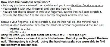Hardness M oh s Scale of Hardness of M inerals 1 Talc Common Items Hardness 2 Gypsum Fingernail = 2-2.5 3 Calcite Copper coin = 3.5 4 Fluorite Iron Nail = 4.5 5 Apatite Glass = 5-5.