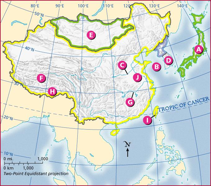 Locating Places Match the letters on the map with the physical features of East Asia. 1. C Yellow River 2. G Yangtze River 3. E Mongolia 4.