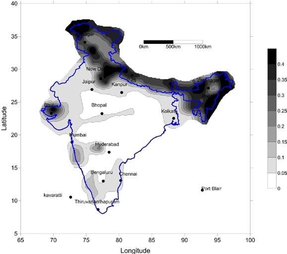 Figure 4 PHA values for India corresponding to a of 475 years (10% probability of exceedence in 50 years) estimated using Areal sources The PHA values obtained for ten most populous cities (Mega