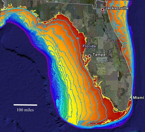 Figure 2: Bathemetric map of the Florida coast (10 meter contours). Use the above geographical information to calculate the extent of these past ice sheets.