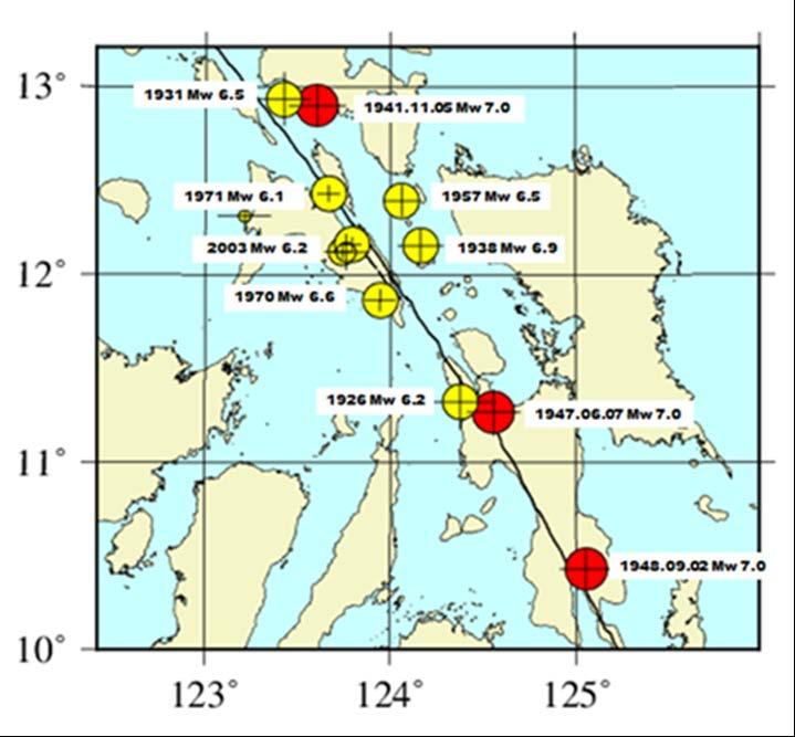 The 20 August 1937 (Mw 7.4) earthquake was located by ISS with the coordinates of 122.0 E and 14.1 N and is near the south end of Alabat Island near the Calauag Bay. This event was relocated to 121.