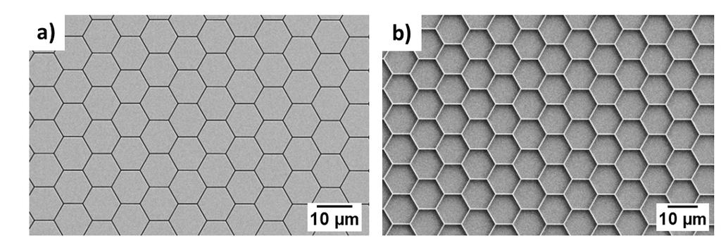 CHAPTER 6. DEVELOPMENT OF NANOPATTERNING TECHNIQUES This design corresponds to a superhydrophobic structure that favours the Cassie-Baxter state, where a is 5 µm, d is 500 nm and h is 800 nm.