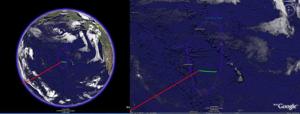 Figure 5. The orbit of the satellite, USA-193, is shown in red, the stay-clear zone declared by the U.S. Government is shown in bright blue, and the simulated trajectory of the SM-3 ASAT is shown in green.