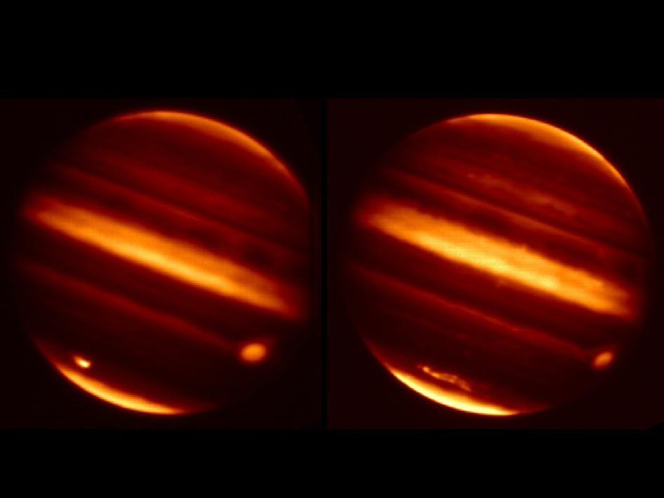 Jupiter's Spot Great Red Spot In this infrared picture you can see the spot in the lower right hand corner An asteroid (that hit Jupiter on July 16, 2009) breaking up